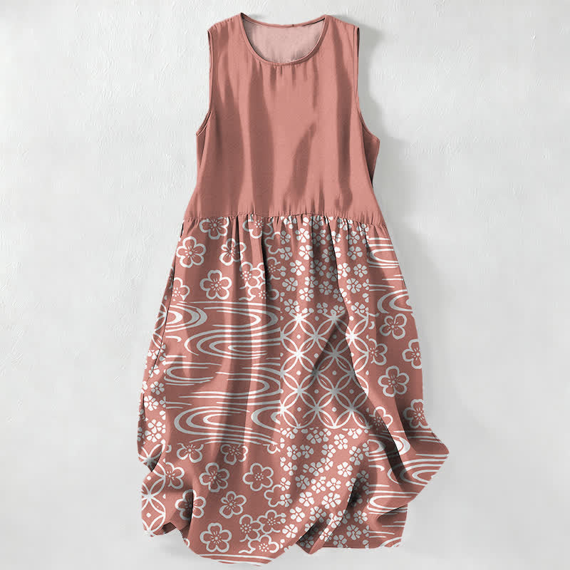 Nimara Ritual Summer Casual Wave Floral Patchwork Pattern Women's Summer Sleeveless Midi Dress With Pockets