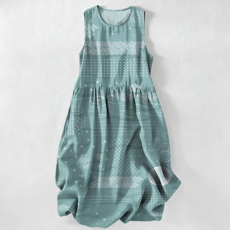 Nimara Ritual Summer Casual Celestial Geometric Waves Pattern Women's Summer Sleeveless Midi Dress With Pockets