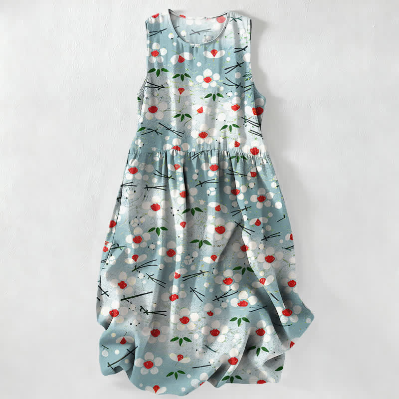 Nimara Ritual Summer Casual Wildflower Berry Branch Pattern Women's Summer Sleeveless Midi Dress With Pockets