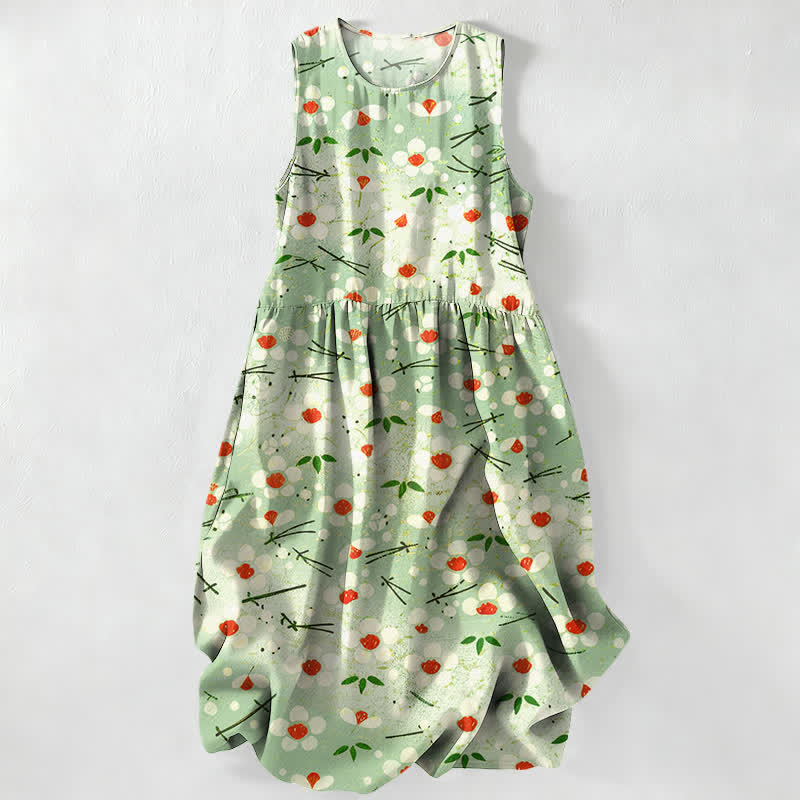 Nimara Ritual Summer Casual Wildflower Berry Branch Pattern Women's Summer Sleeveless Midi Dress With Pockets