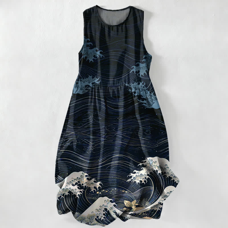 Nimara Ritual Summer Casual Ukiyoe Ocean Waves Pattern Women's Summer Sleeveless Midi Dress With Pockets
