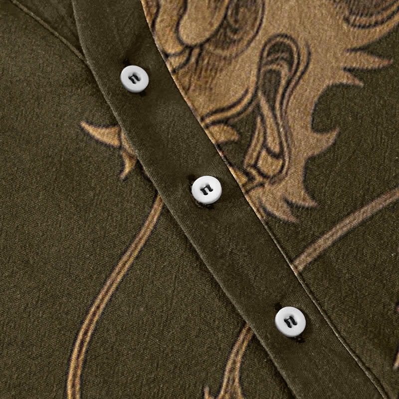 Nimara Ritual Cotton Golden Dragon Pattern Men's Short Sleeve Half Button Shirt