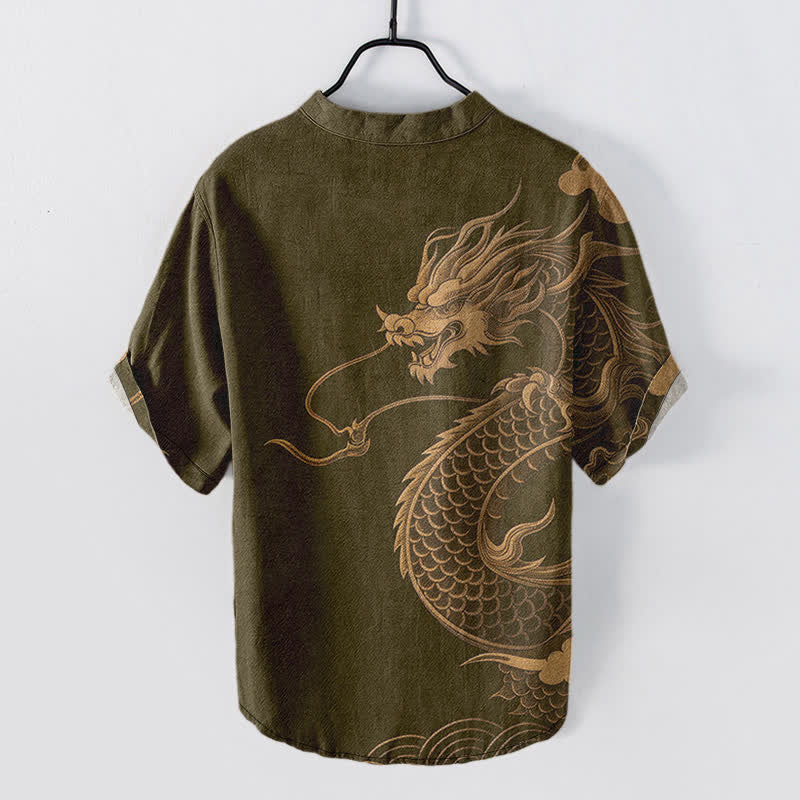 Nimara Ritual Cotton Golden Dragon Pattern Men's Short Sleeve Half Button Shirt