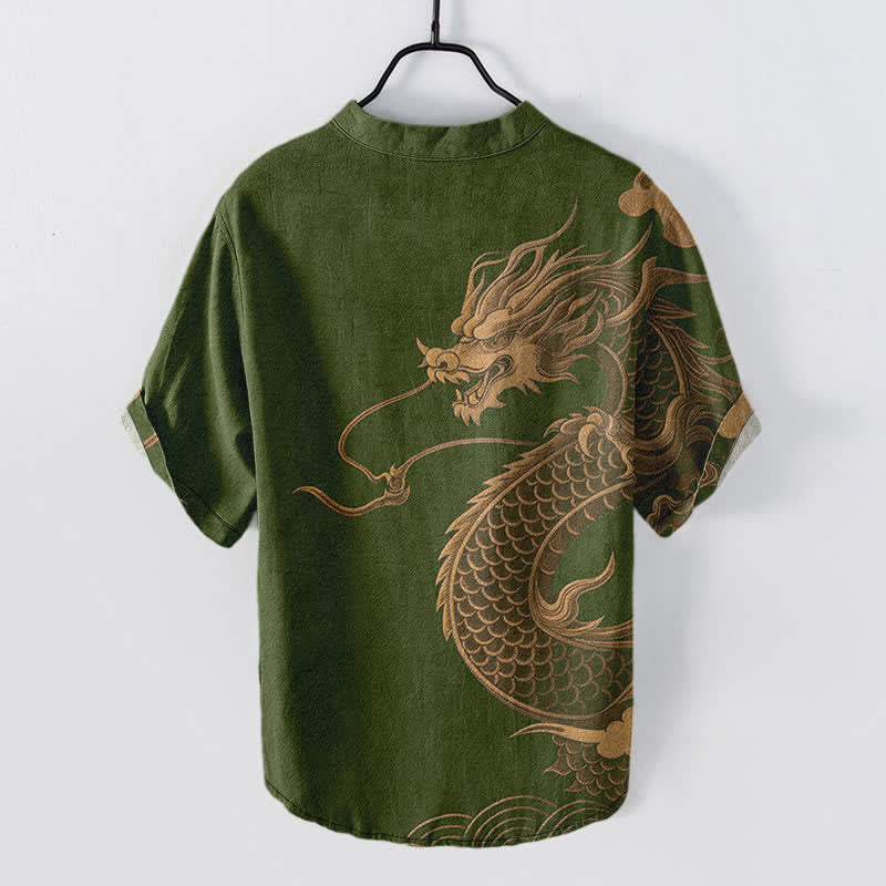 Nimara Ritual Cotton Golden Dragon Pattern Men's Short Sleeve Half Button Shirt