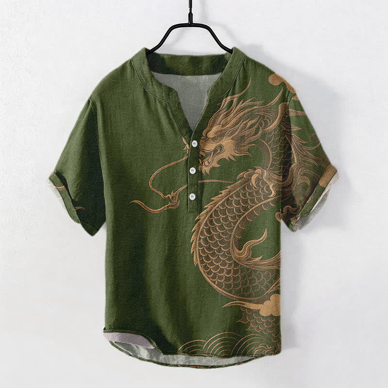 Nimara Ritual Cotton Golden Dragon Pattern Men's Short Sleeve Half Button Shirt