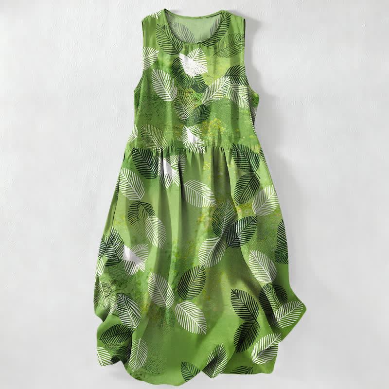 Nimara Ritual Summer Casual Tropical Leaves Pattern Women's Summer Sleeveless Midi Dress With Pockets