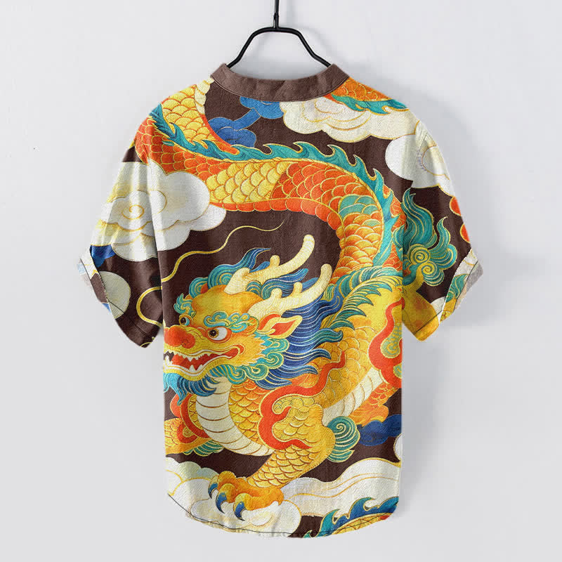 Nimara Ritual Cotton Golden Dragon Auspicious Clouds Pattern Men's Short Sleeve Half Button Shirt