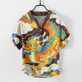 Nimara Ritual Cotton Golden Dragon Auspicious Clouds Pattern Men's Short Sleeve Half Button Shirt