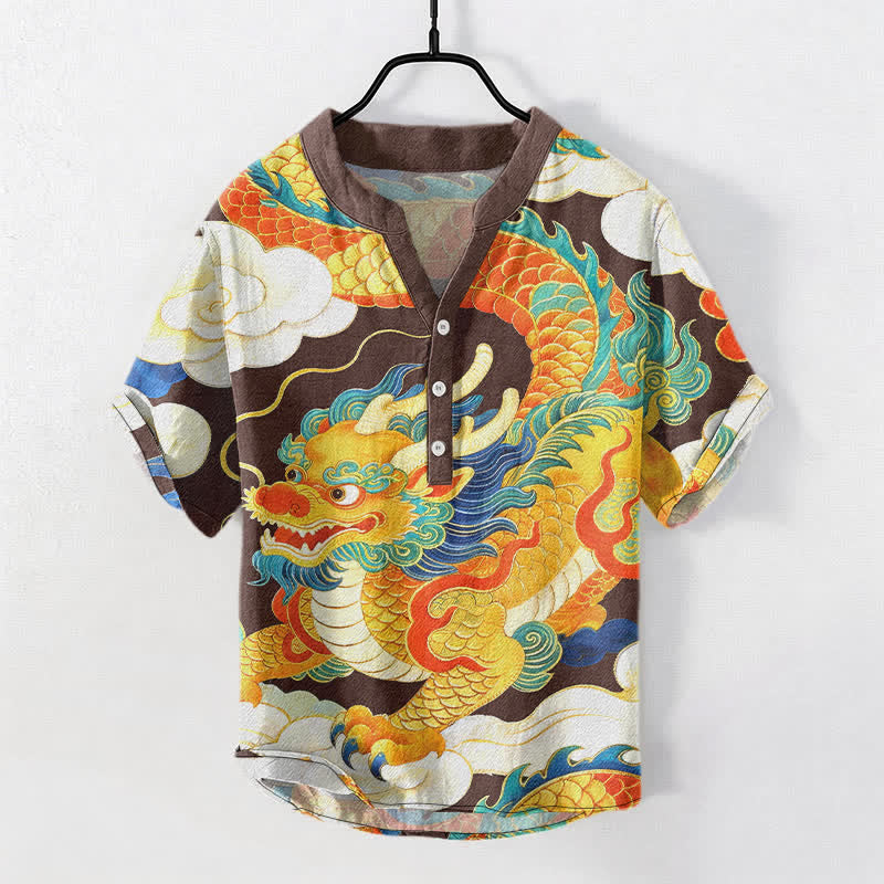 Nimara Ritual Cotton Golden Dragon Auspicious Clouds Pattern Men's Short Sleeve Half Button Shirt