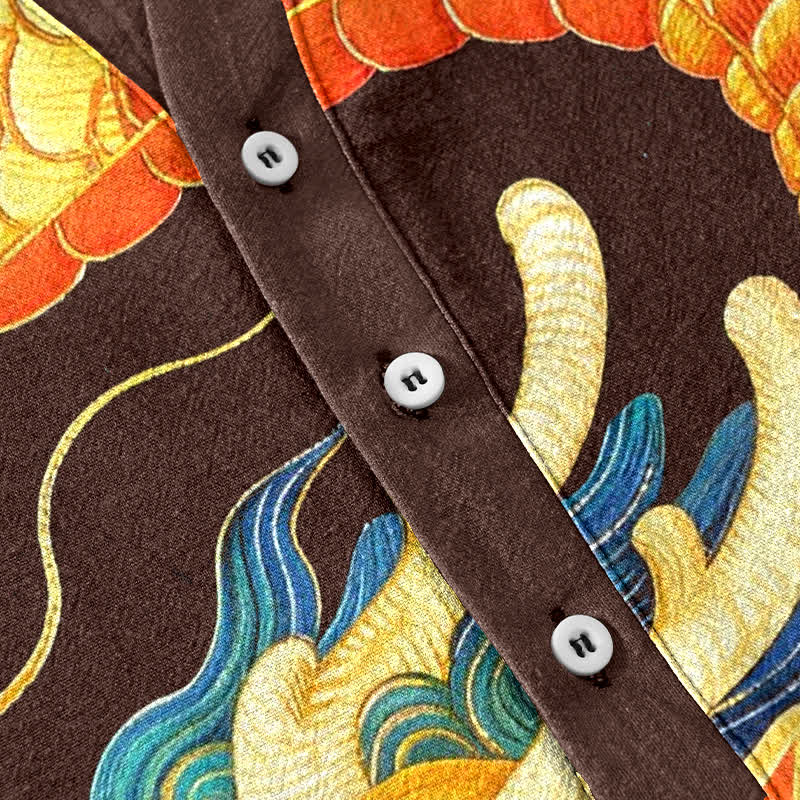 Nimara Ritual Cotton Golden Dragon Auspicious Clouds Pattern Men's Short Sleeve Half Button Shirt