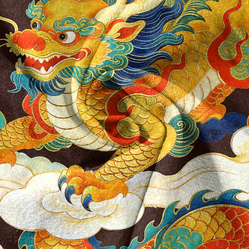 Nimara Ritual Cotton Golden Dragon Auspicious Clouds Pattern Men's Short Sleeve Half Button Shirt