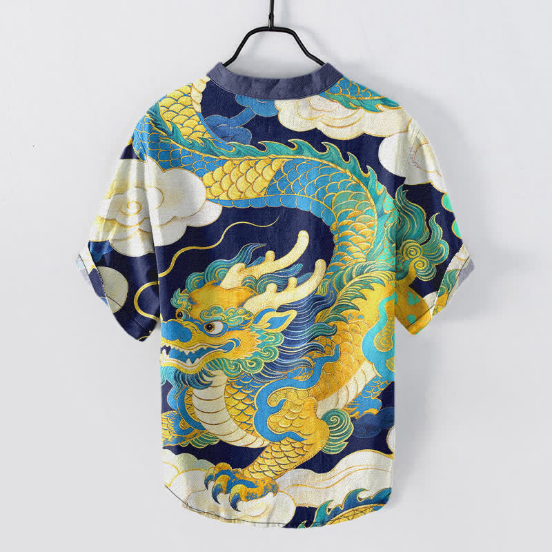 Nimara Ritual Cotton Golden Dragon Auspicious Clouds Pattern Men's Short Sleeve Half Button Shirt