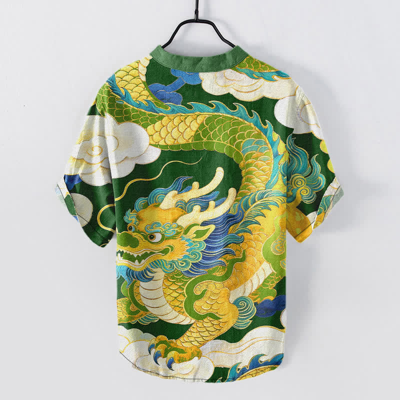 Nimara Ritual Cotton Golden Dragon Auspicious Clouds Pattern Men's Short Sleeve Half Button Shirt