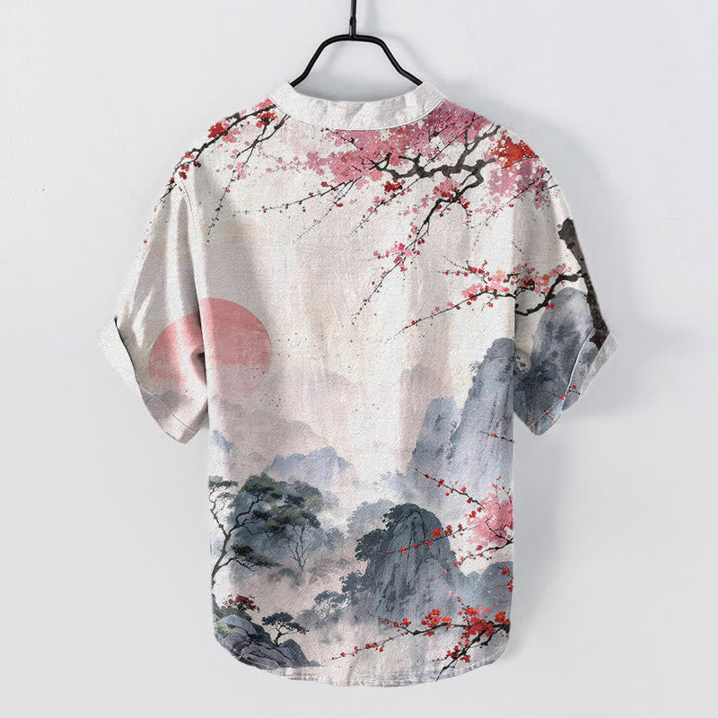 Nimara Ritual Cotton Ink Landscape Plum Blossom Pattern Men's Short Sleeve Half Button Shirt