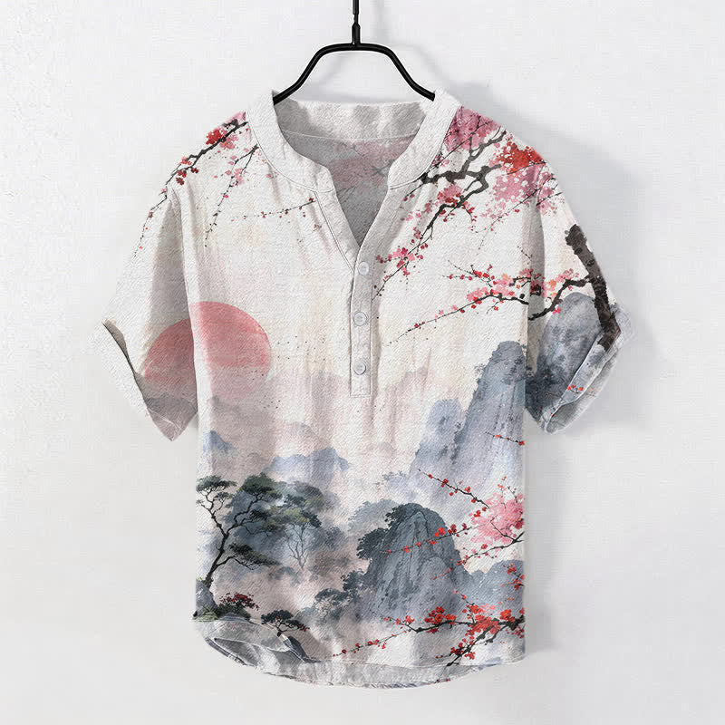 Nimara Ritual Cotton Ink Landscape Plum Blossom Pattern Men's Short Sleeve Half Button Shirt
