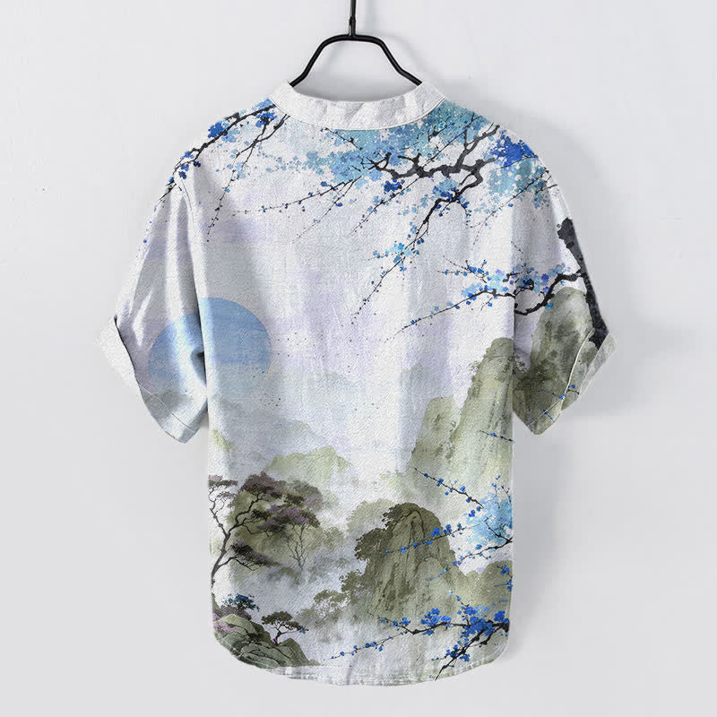Nimara Ritual Cotton Ink Landscape Plum Blossom Pattern Men's Short Sleeve Half Button Shirt