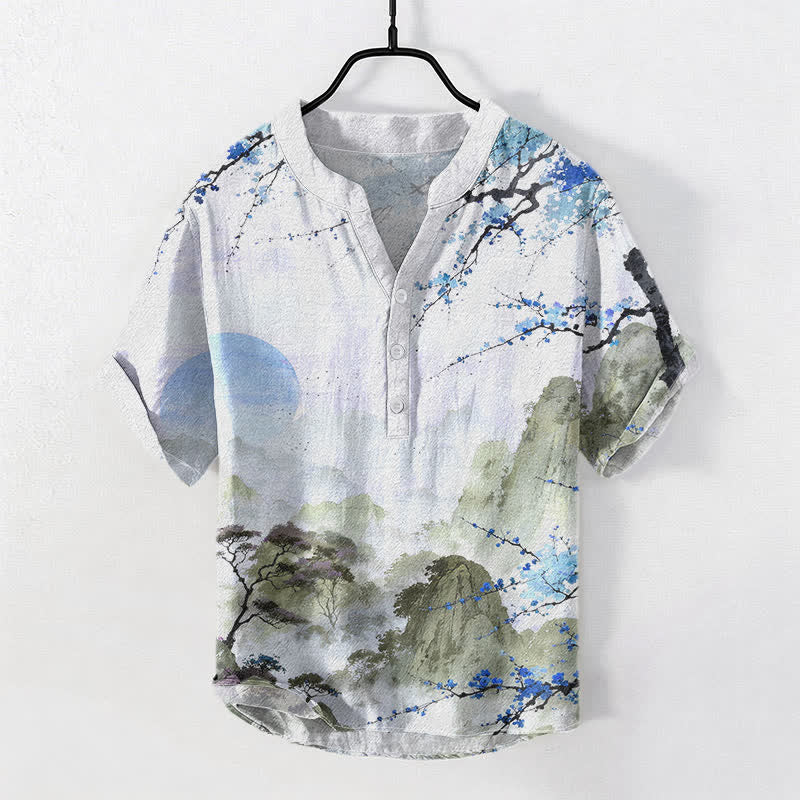 Nimara Ritual Cotton Ink Landscape Plum Blossom Pattern Men's Short Sleeve Half Button Shirt