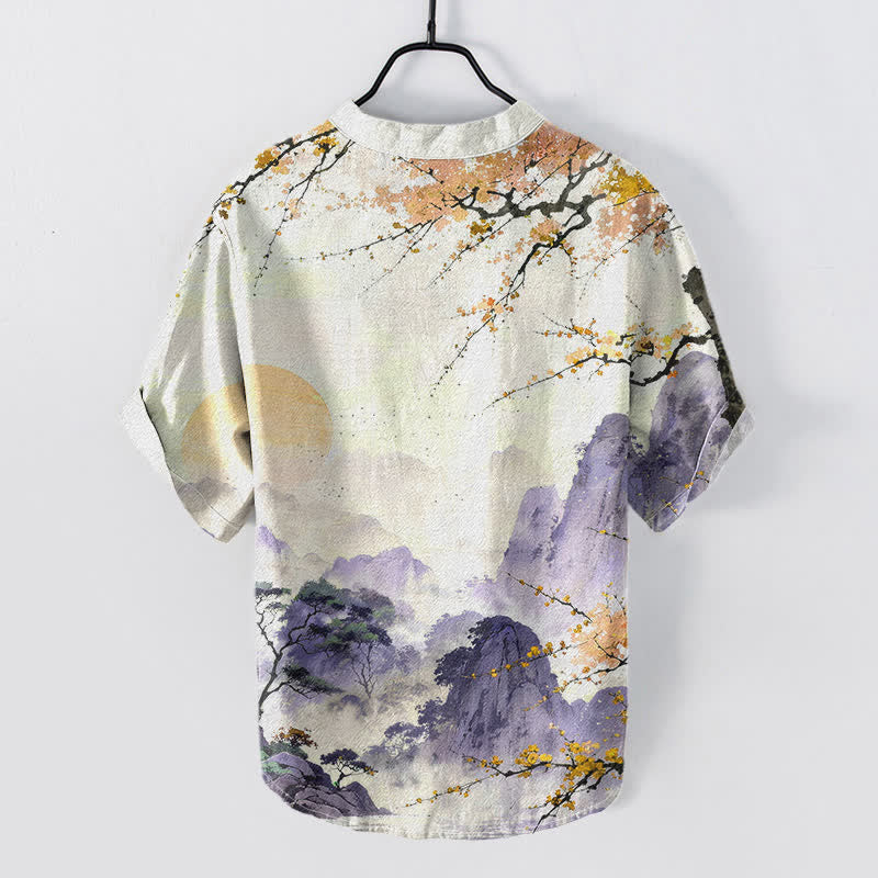 Nimara Ritual Cotton Ink Landscape Plum Blossom Pattern Men's Short Sleeve Half Button Shirt