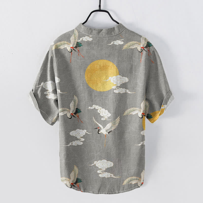 Nimara Ritual Cotton Crane Cloud Sun Pattern Men's Short Sleeve Half Button Shirt