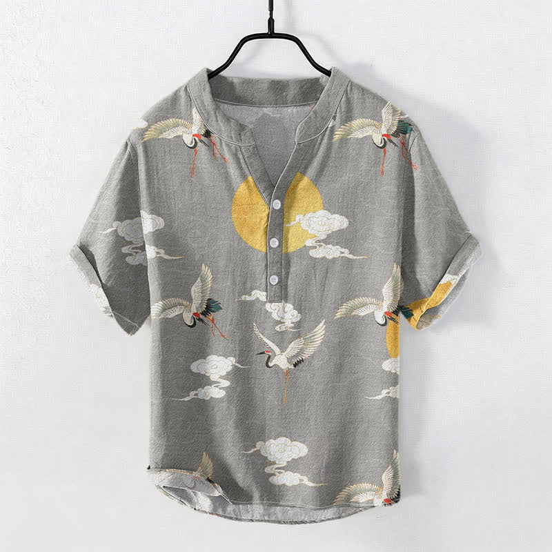 Nimara Ritual Cotton Crane Cloud Sun Pattern Men's Short Sleeve Half Button Shirt