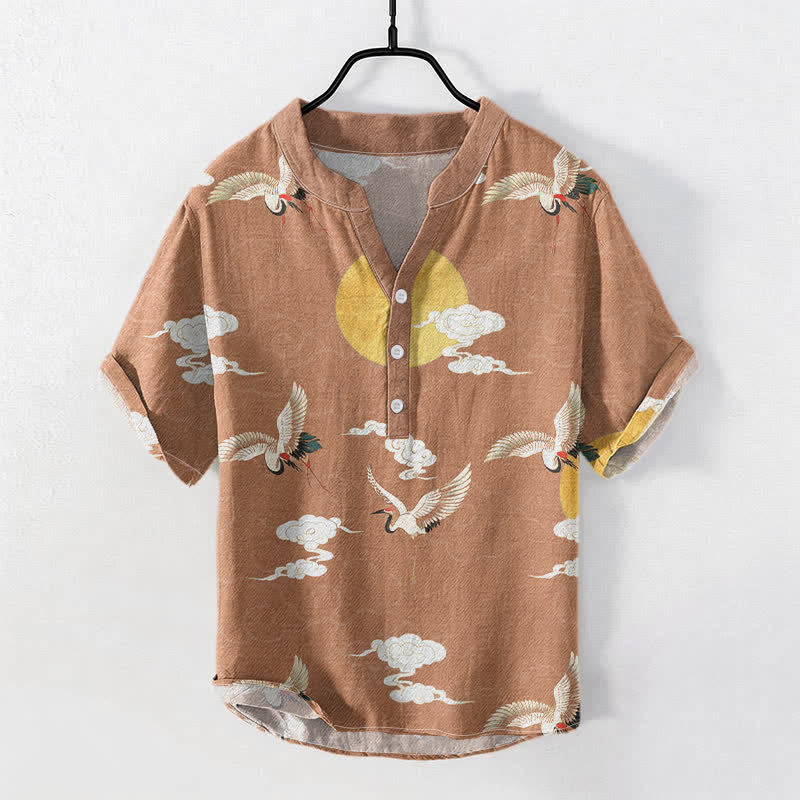 Nimara Ritual Cotton Crane Cloud Sun Pattern Men's Short Sleeve Half Button Shirt