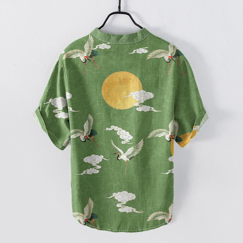 Nimara Ritual Cotton Crane Cloud Sun Pattern Men's Short Sleeve Half Button Shirt