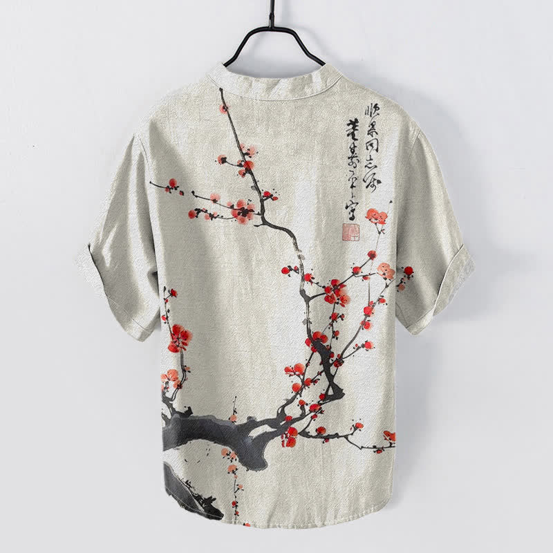 Nimara Ritual Cotton Plum Blossom Branch Pattern Calligraphy Men's Short Sleeve Half Button Shirt