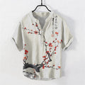 Nimara Ritual Cotton Plum Blossom Branch Pattern Calligraphy Men's Short Sleeve Half Button Shirt