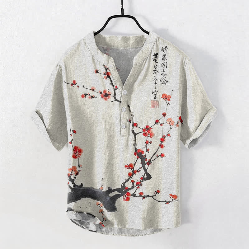 Nimara Ritual Cotton Plum Blossom Branch Pattern Calligraphy Men's Short Sleeve Half Button Shirt