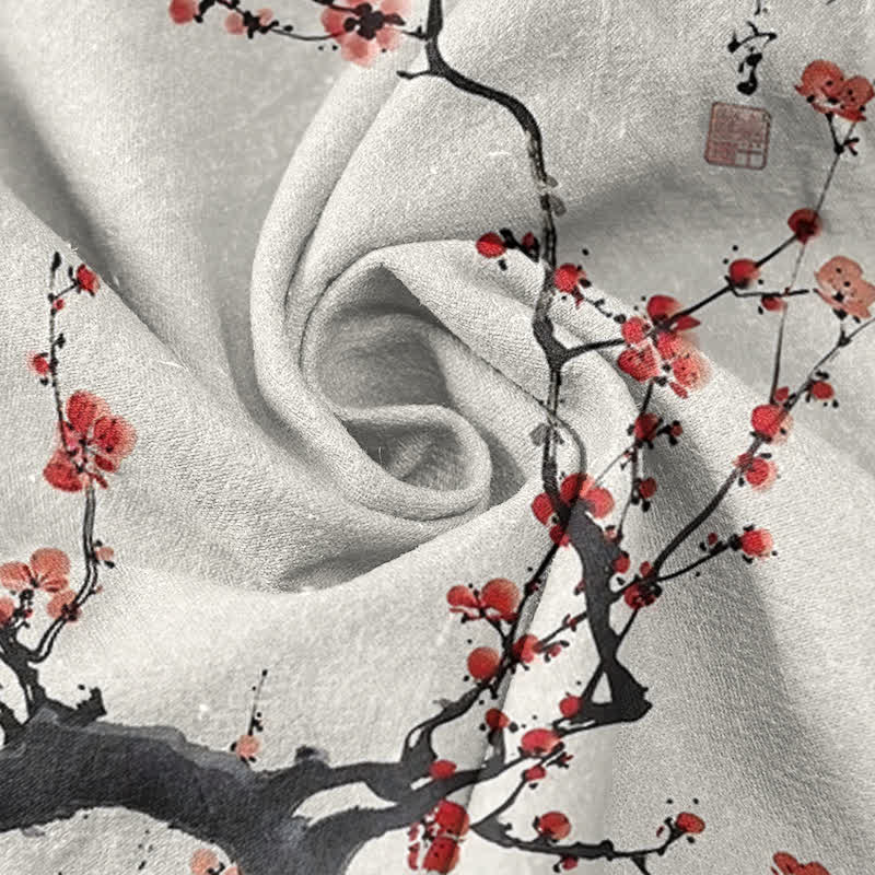 Nimara Ritual Cotton Plum Blossom Branch Pattern Calligraphy Men's Short Sleeve Half Button Shirt
