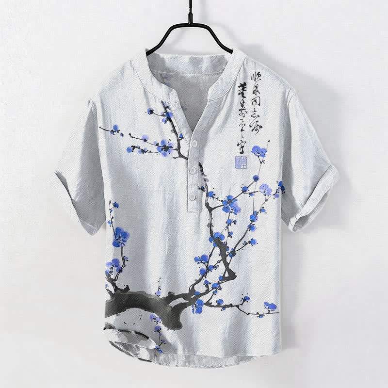 Nimara Ritual Cotton Plum Blossom Branch Pattern Calligraphy Men's Short Sleeve Half Button Shirt