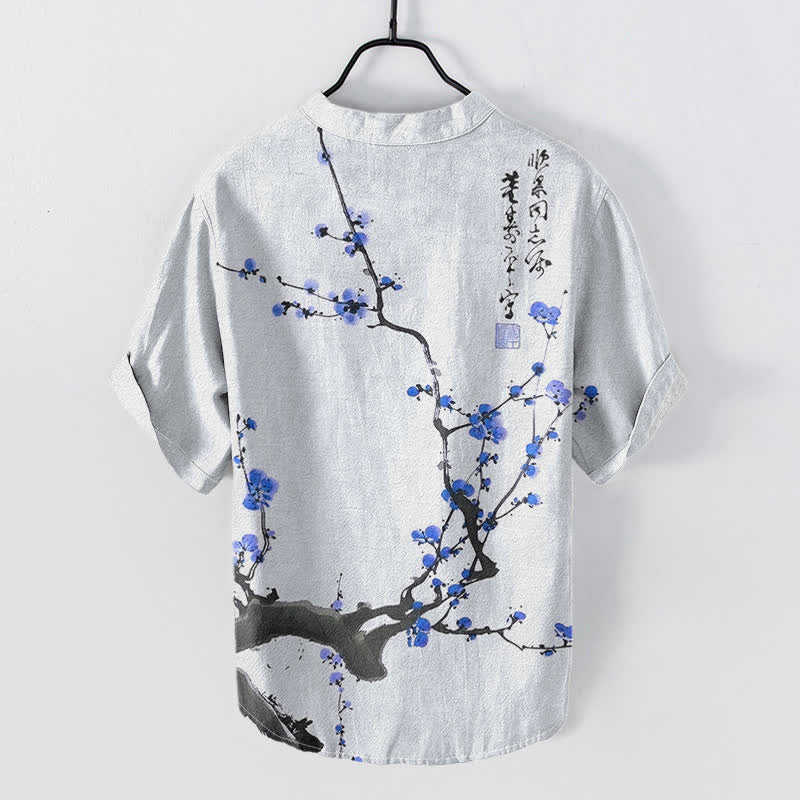Nimara Ritual Cotton Plum Blossom Branch Pattern Calligraphy Men's Short Sleeve Half Button Shirt