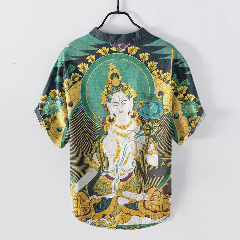 Nimara Ritual Cotton Radiant Buddha Floral Pattern Men's Short Sleeve Half Button Shirt