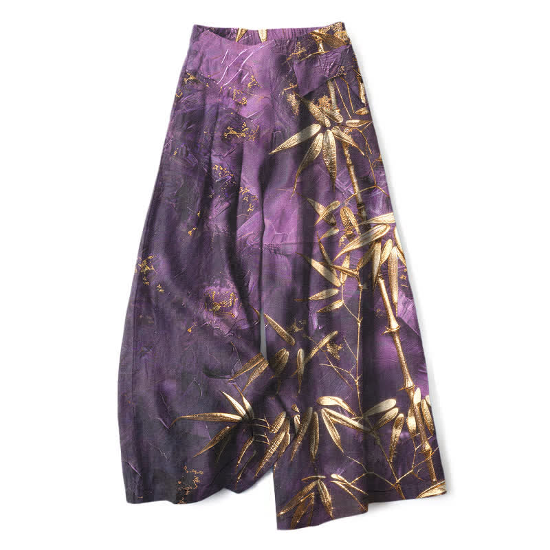 Nimara Ritual Cotton Linen Golden Bamboo Pattern Women's Elastic Waist Wide Leg Pants With Pockets
