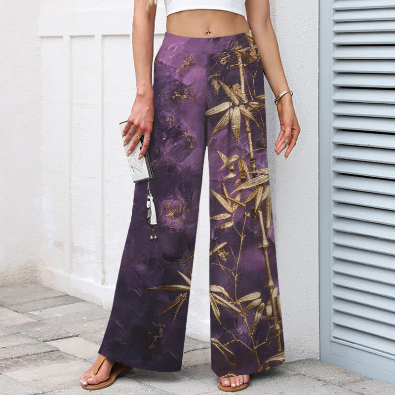 Nimara Ritual Cotton Linen Golden Bamboo Pattern Women's Elastic Waist Wide Leg Pants With Pockets