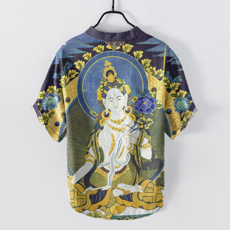Nimara Ritual Cotton Radiant Buddha Floral Pattern Men's Short Sleeve Half Button Shirt
