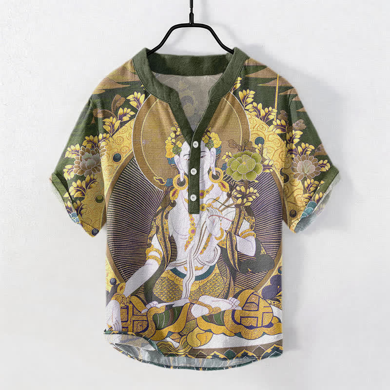 Nimara Ritual Cotton Radiant Buddha Floral Pattern Men's Short Sleeve Half Button Shirt
