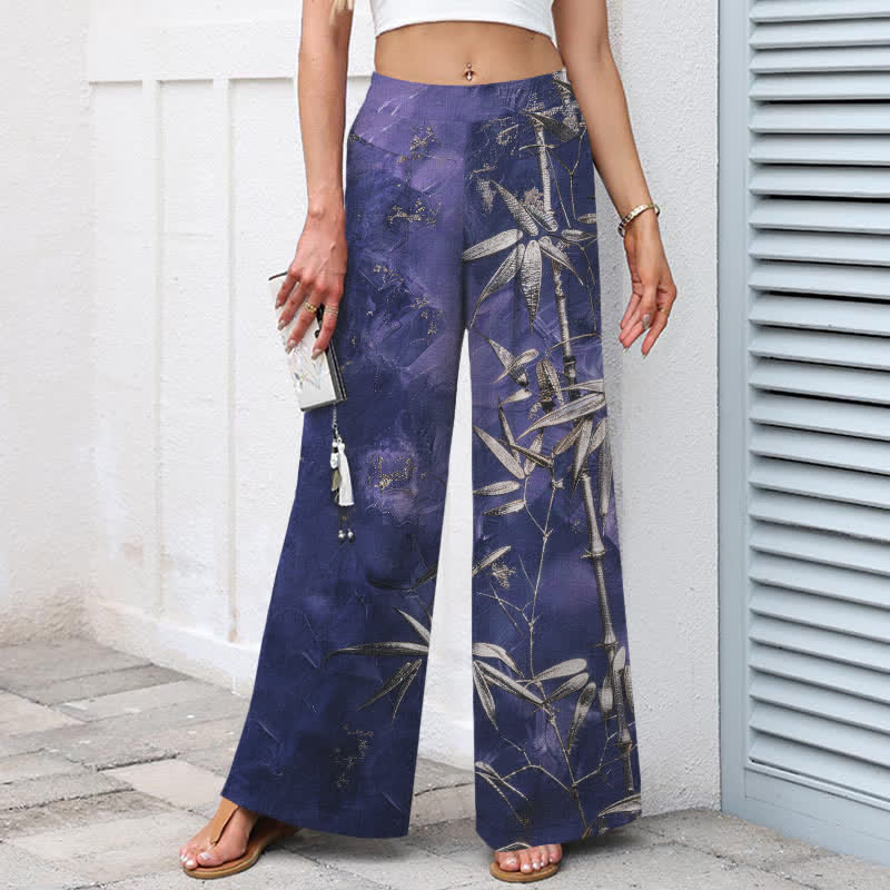 Nimara Ritual Cotton Linen Golden Bamboo Pattern Women's Elastic Waist Wide Leg Pants With Pockets