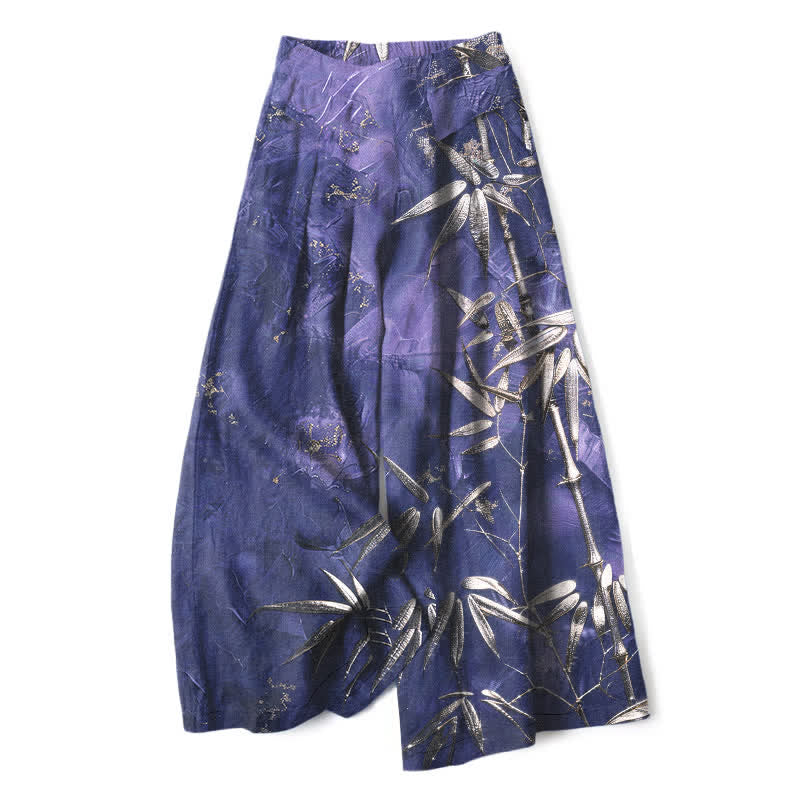 Nimara Ritual Cotton Linen Golden Bamboo Pattern Women's Elastic Waist Wide Leg Pants With Pockets