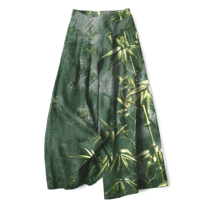 Nimara Ritual Cotton Linen Golden Bamboo Pattern Women's Elastic Waist Wide Leg Pants With Pockets