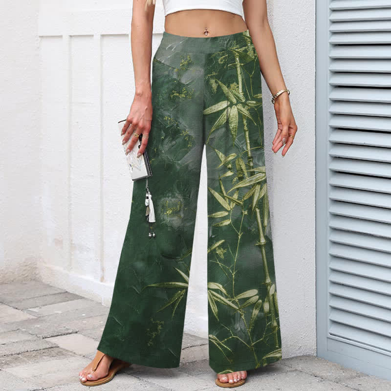 Nimara Ritual Cotton Linen Golden Bamboo Pattern Women's Elastic Waist Wide Leg Pants With Pockets