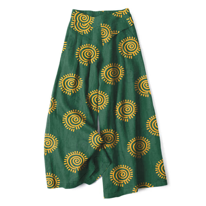 Nimara Ritual Cotton Linen Sun Spiral Pattern Women's Elastic Waist Wide Leg Pants With Pockets