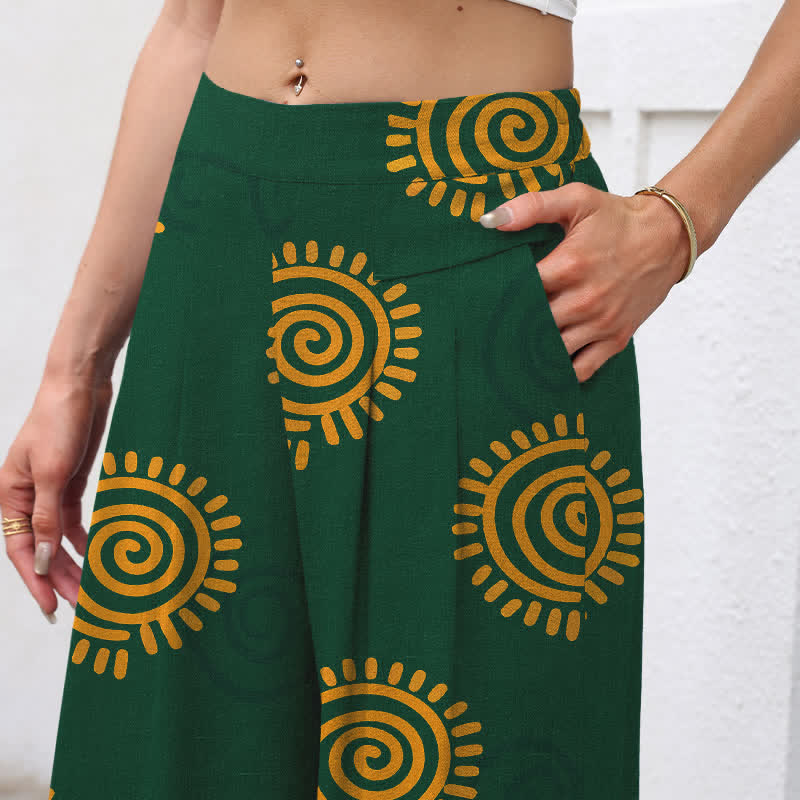 Nimara Ritual Cotton Linen Sun Spiral Pattern Women's Elastic Waist Wide Leg Pants With Pockets