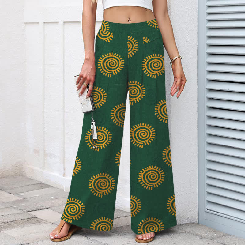 Nimara Ritual Cotton Linen Sun Spiral Pattern Women's Elastic Waist Wide Leg Pants With Pockets