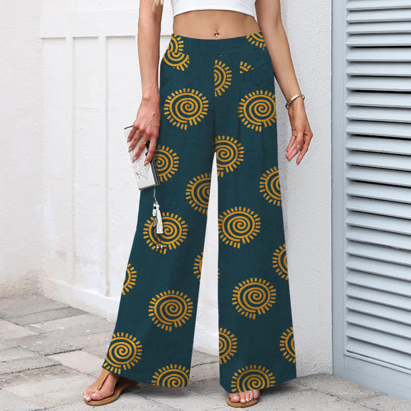 Nimara Ritual Cotton Linen Sun Spiral Pattern Women's Elastic Waist Wide Leg Pants With Pockets