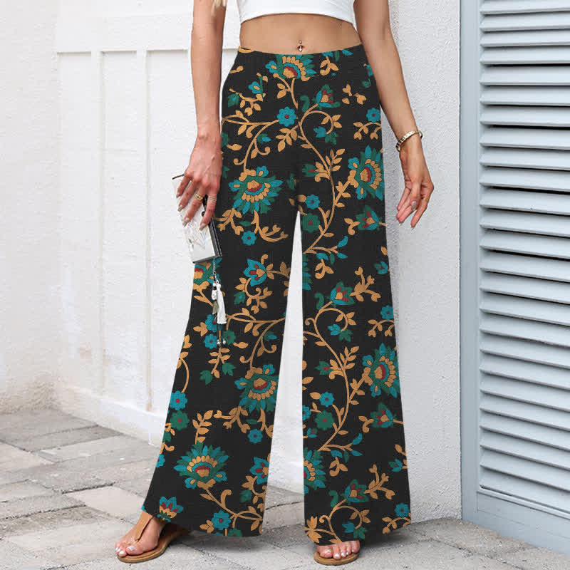 Nimara Ritual Cotton Linen Turquoise Vine Floral Pattern Women's Elastic Waist Wide Leg Pants With Pockets