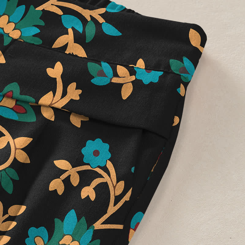 Nimara Ritual Cotton Linen Turquoise Vine Floral Pattern Women's Elastic Waist Wide Leg Pants With Pockets