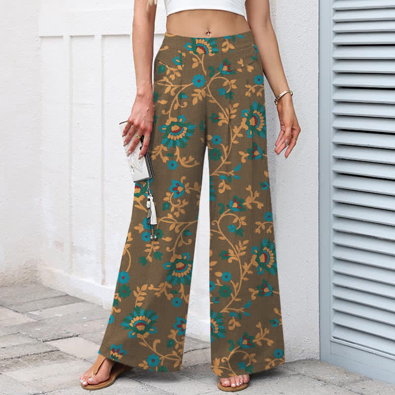 Nimara Ritual Cotton Linen Turquoise Vine Floral Pattern Women's Elastic Waist Wide Leg Pants With Pockets