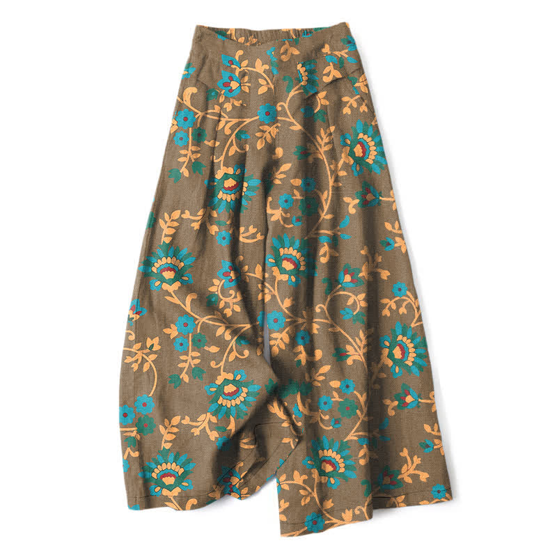 Nimara Ritual Cotton Linen Turquoise Vine Floral Pattern Women's Elastic Waist Wide Leg Pants With Pockets