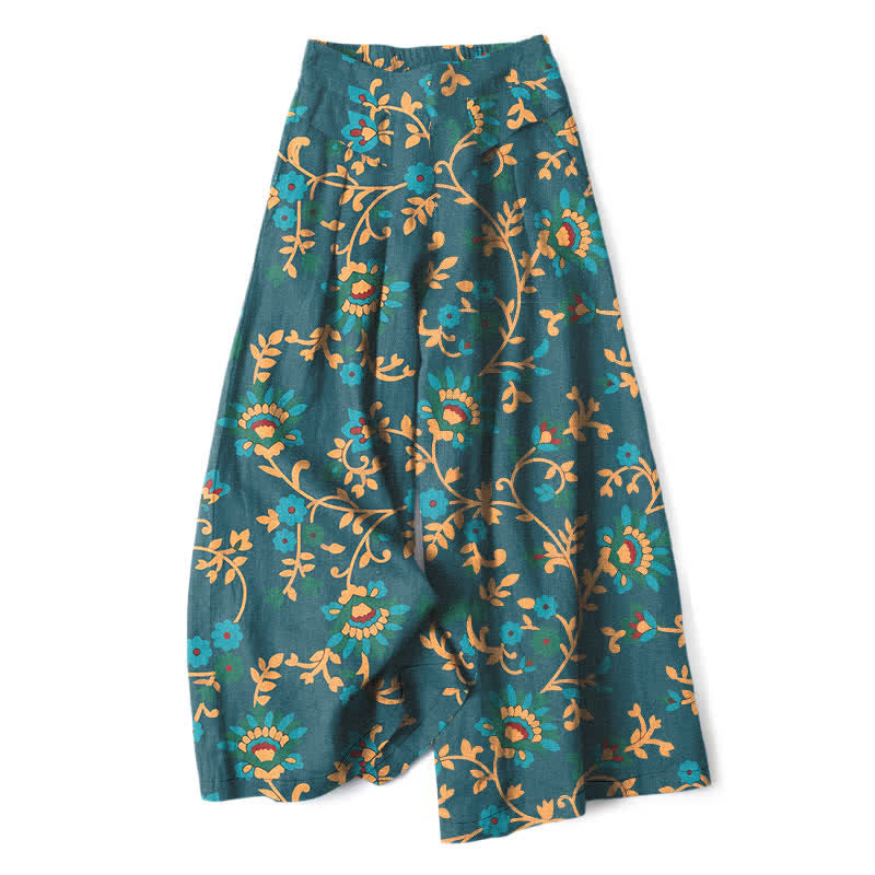 Nimara Ritual Cotton Linen Turquoise Vine Floral Pattern Women's Elastic Waist Wide Leg Pants With Pockets
